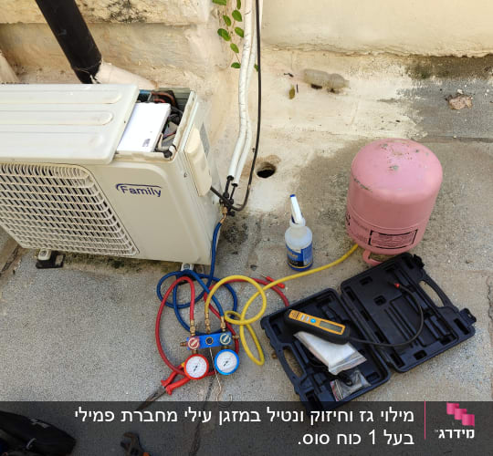 יחידת מזגן חיצונית עם כלי עבודה וצינורות